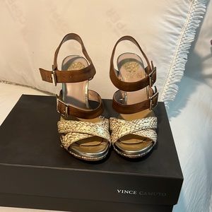 Vince camuto snake skin tan and gold heel sandals.